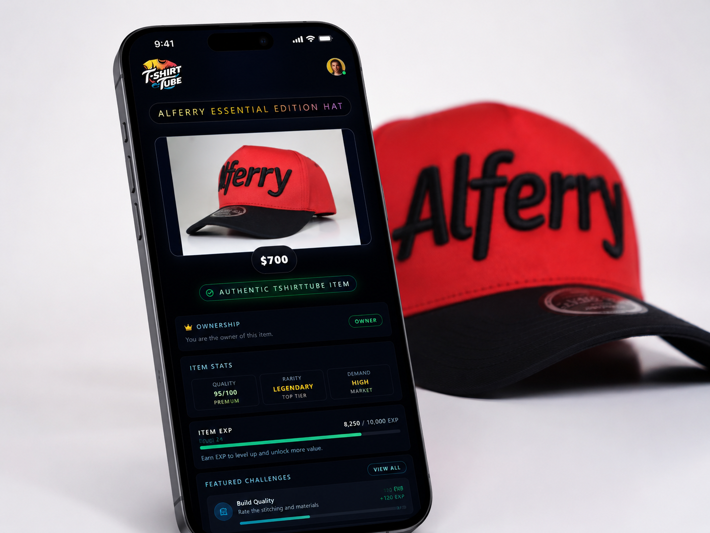A phone displaying an authenticated Alferry hat digital item profile on TShirtTube.